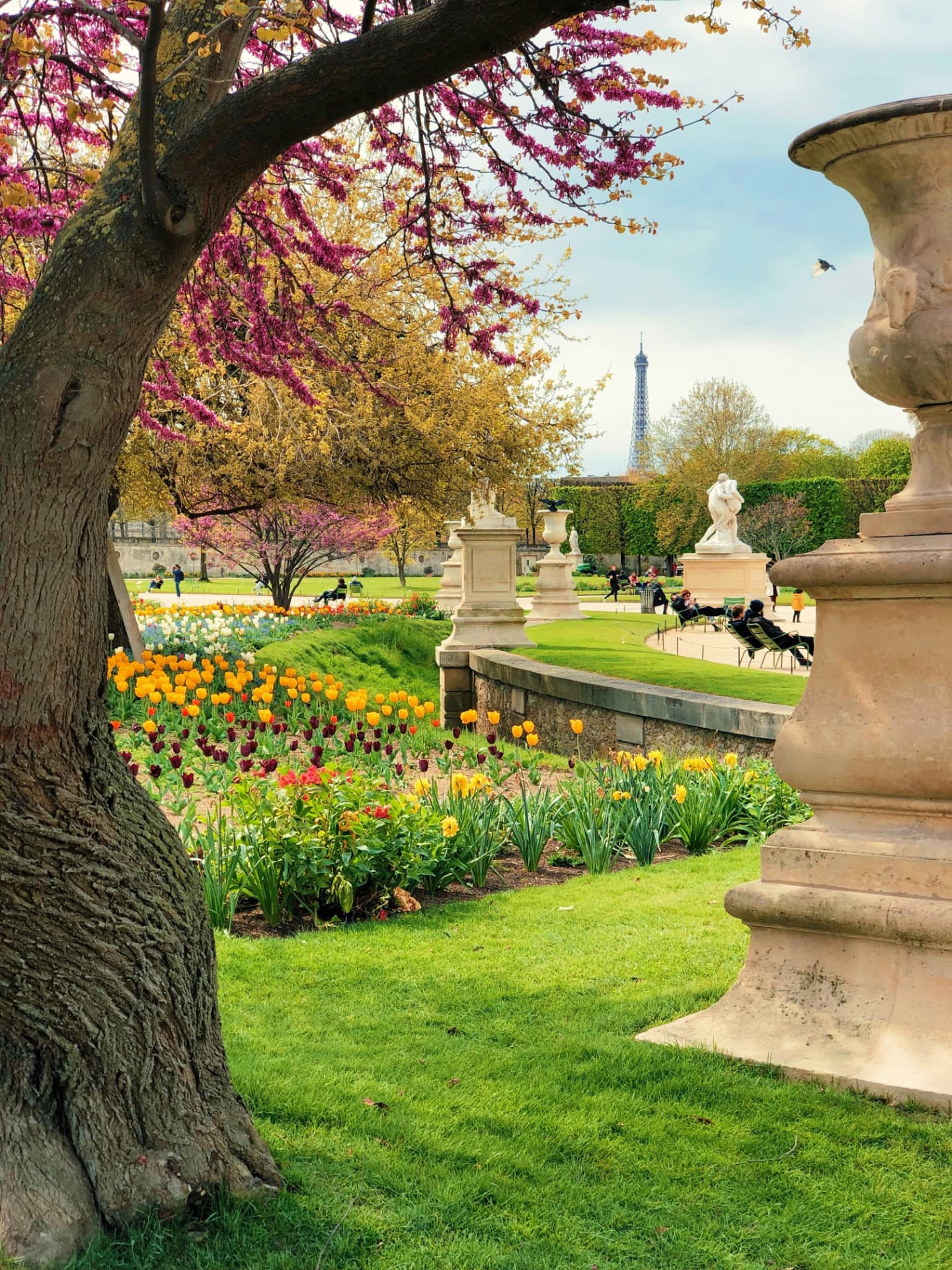 Jardín de las Tullerías en primavera con la Torre Eiffel al fondo